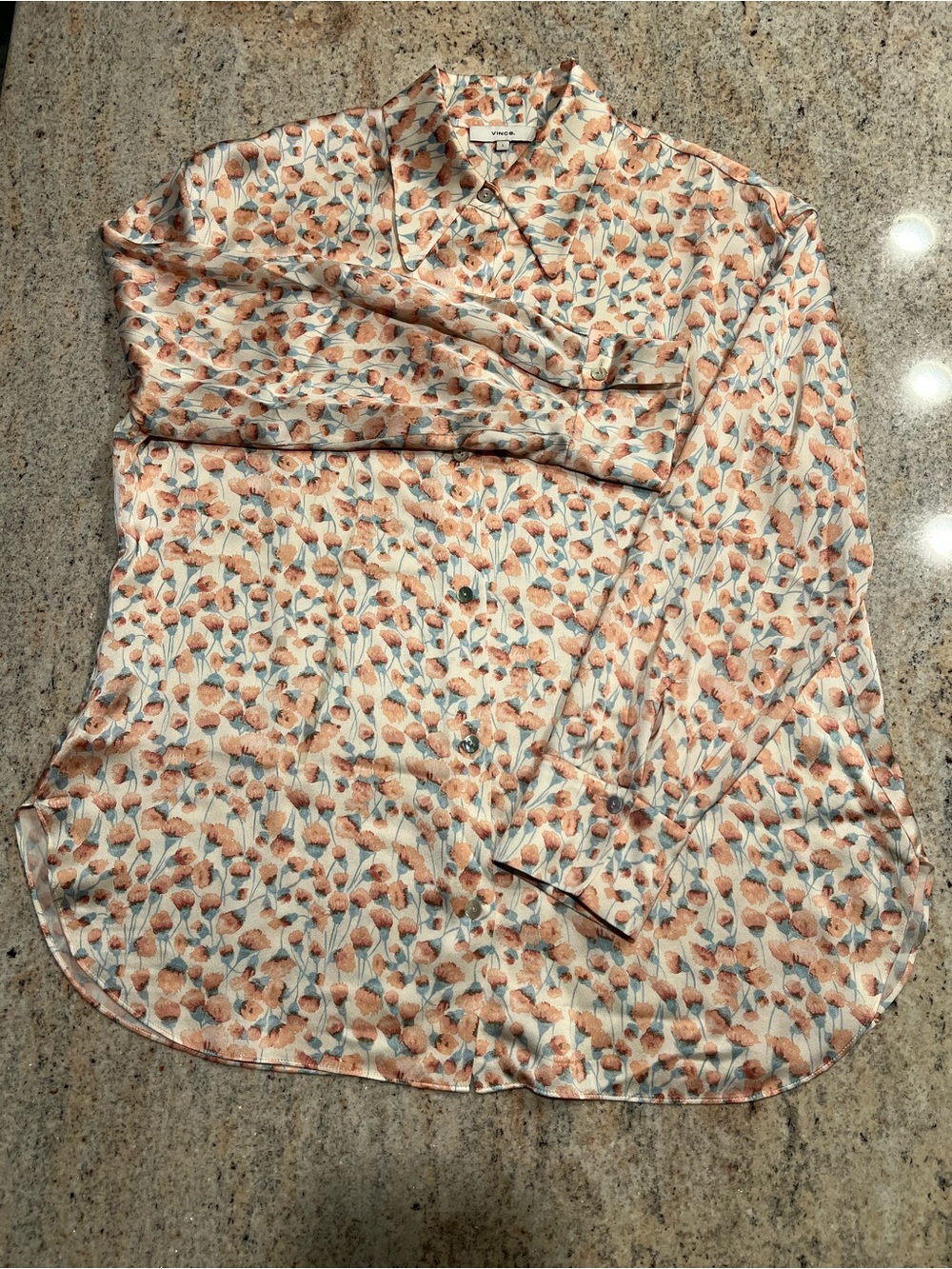 Vince 100% Silk Peach and Cream Floral Button-Down Shirt